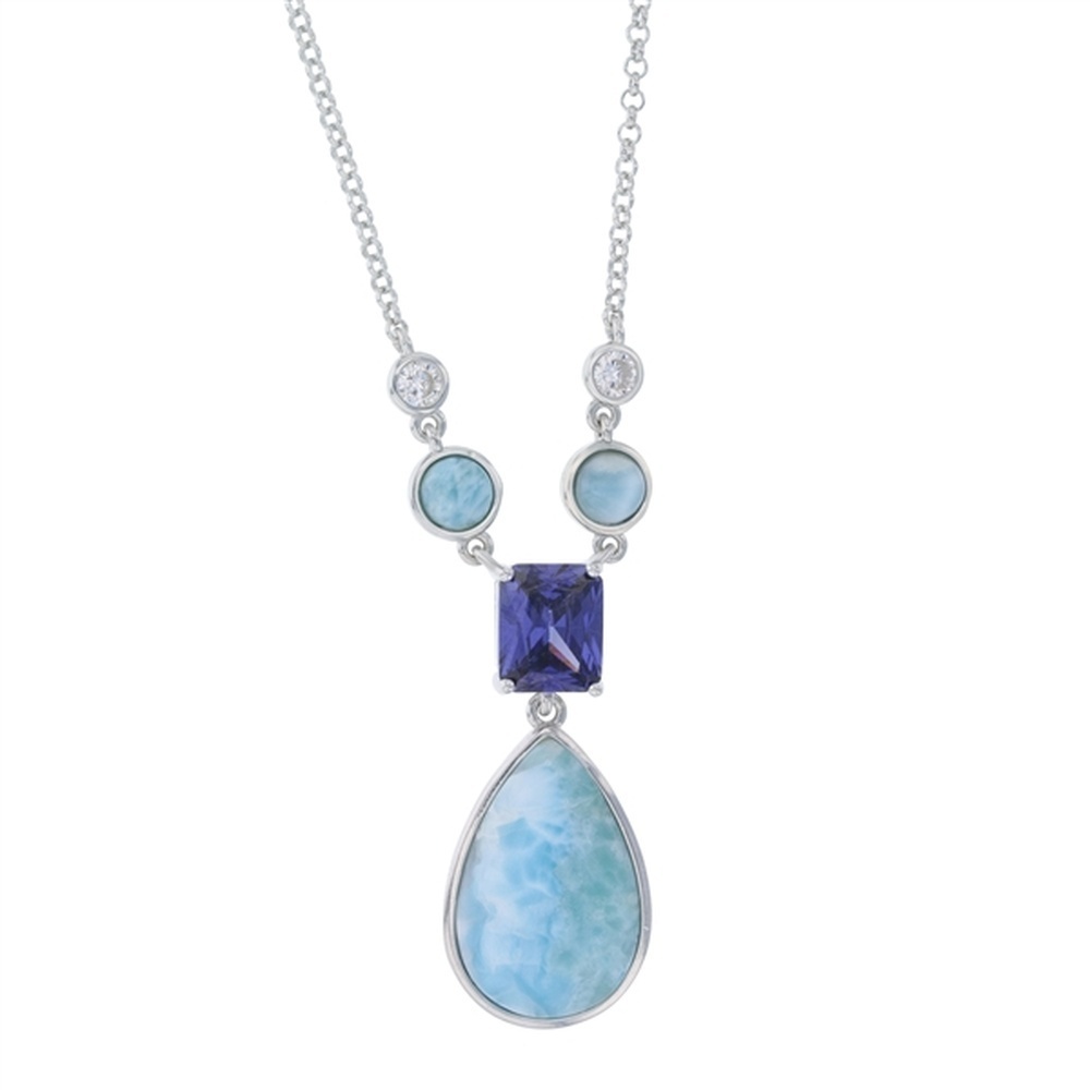 925 Sterling Silver Larimar Teardrop, Round Emerald Tanzanite CZ Necklace 16"+2"